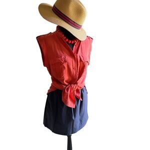 BCBG Max Azria 100% Silk Sleeveless Utility Blouse Small Coral Button Safari Top